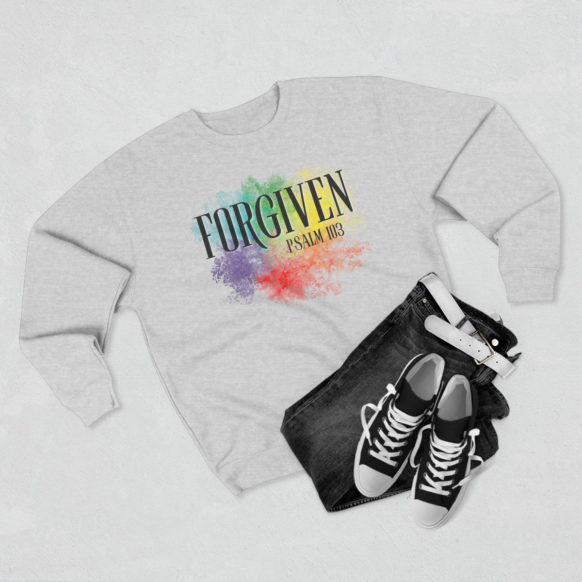 Experience the ultimate comfort and style with our Forgiven Christian Crewneck Super Soft Sweatshirt. This Psalm 103 inspired sweatshirt will not only keep you warm, but also add a splash of color to your wardrobe. Embrace forgiveness and show your faith with this must-have piece.