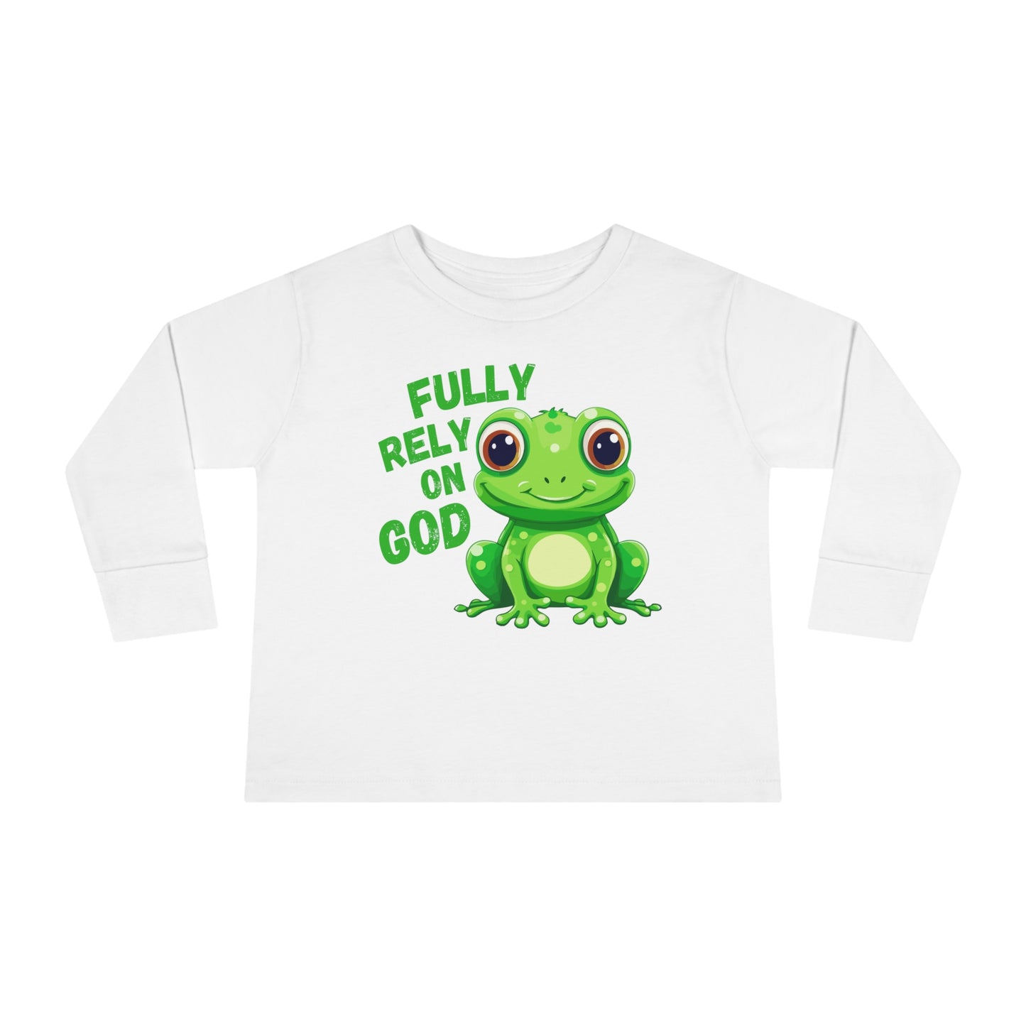 FROG. Fully Rely On God. This cute toddler long sleeve t-shirt has an adorable green frog with the words Fully Rely On God in green. Perfect for your Christian toddler!