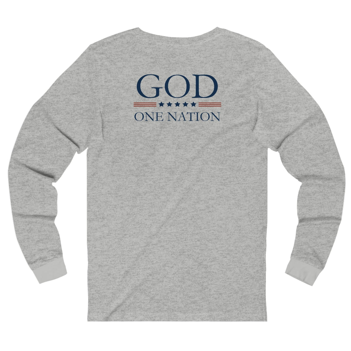 One Nation Under God, 1776 Patriotic long sleeve shirt for men and women. This Cataldo Creations tee has 1776 on the front chest pocket area and One Nation Under God on the back. Show your patriotism with this American Patriot long sleeve tee today!