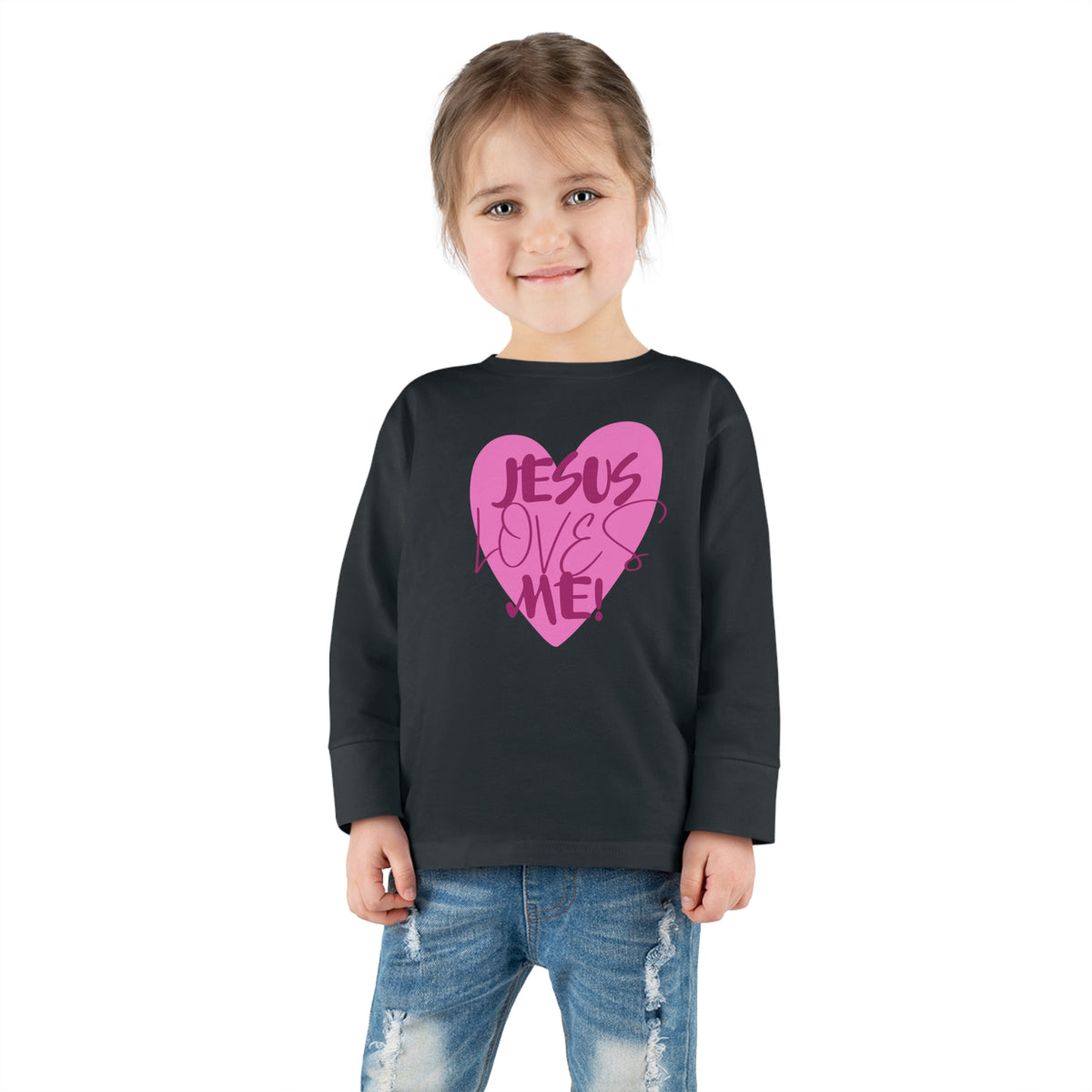 Jesus Loves Me Christian toddler long sleeve tee. Toddler Long sleeve t-shirt. Pink heart Jesus loves me toddler tee.