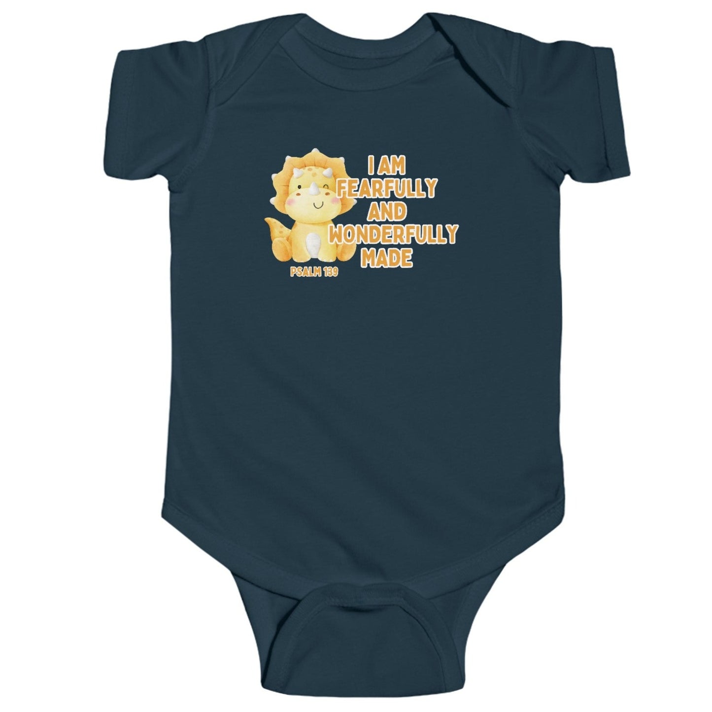 Experience the cuteness overload with our Fearfully Made Yellow Dinosaur Infant Onesie. Adorably designed for newborns, this onesie features a yellow dinosaur print and a powerful reminder from Psalm 139:14 - "I am fearfully and wonderfully made." Instill confidence and love in your little one with this unique onesie. Cataldo Creations