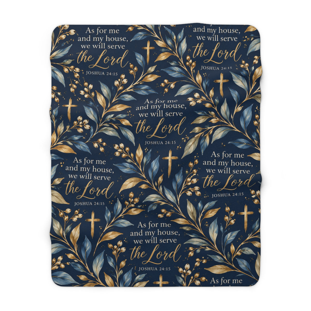 Joshua 24:15 Christian sherpa blanket design featuring As for Me and My House Scripture lettering, gold crosses, and blue and gold botanical leaves on navy.