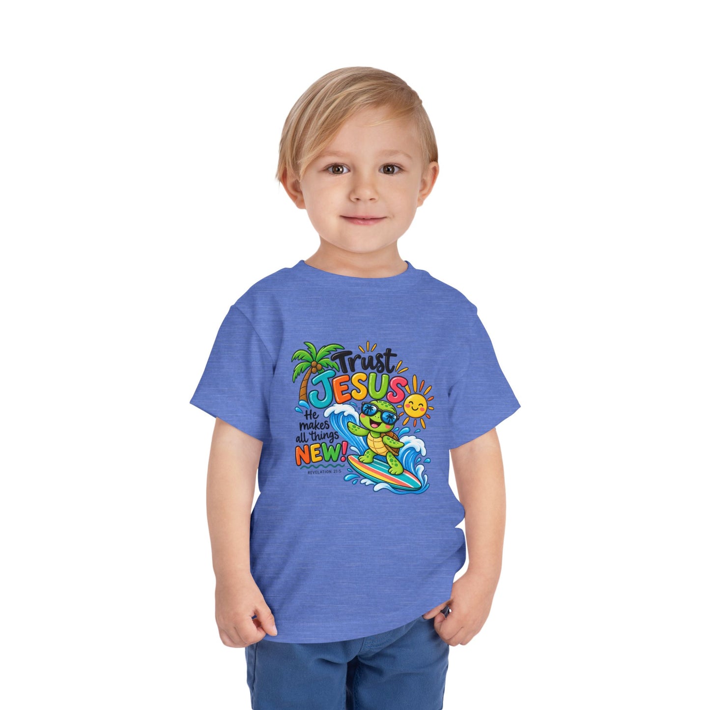Trust Jesus Toddler T-Shirt | Revelation 21:5 Christian Surf Turtle Tee | Faith-Based Little Kids Shirt