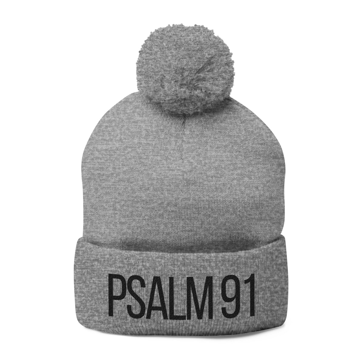 Gray beanie with pom-pom and 'PSALM 91' text on a white background