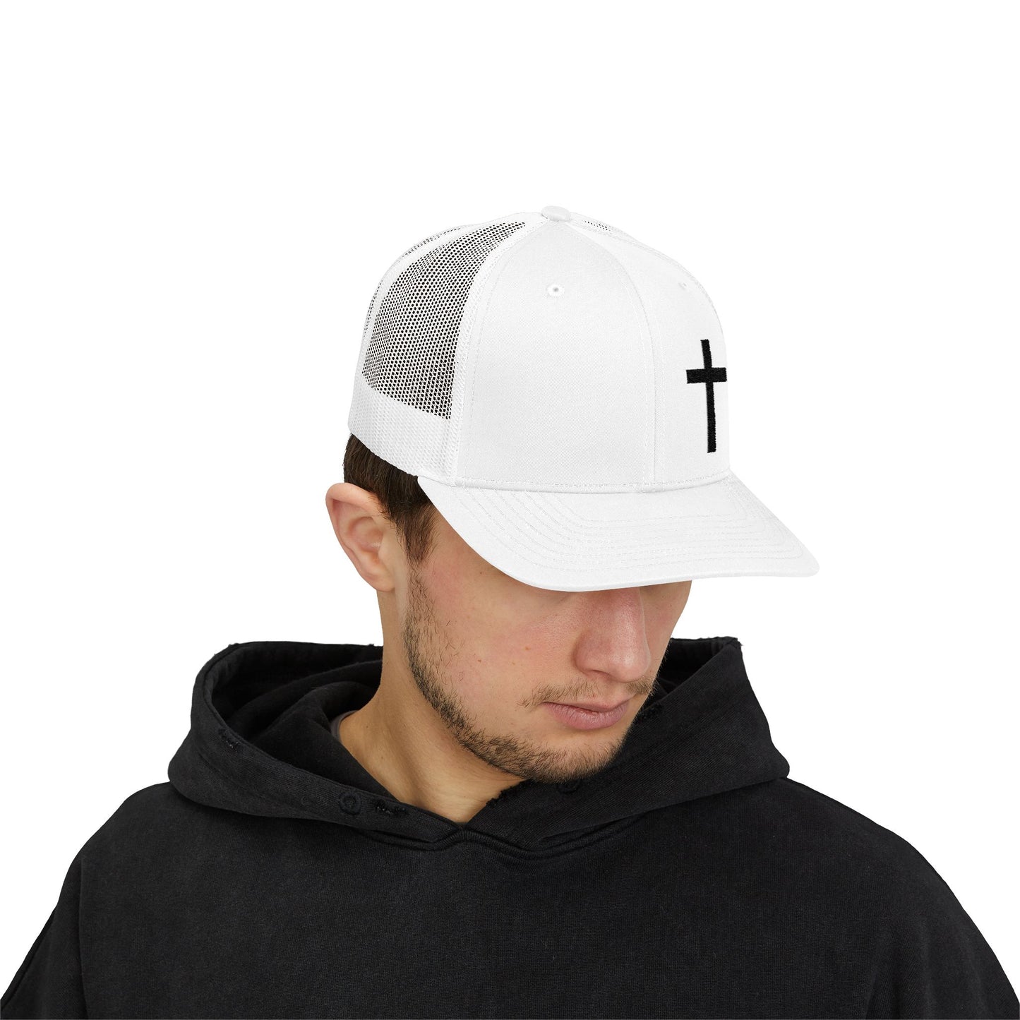 Faith-Inspired Snapback Trucker Cap with Embroidered Cross Design