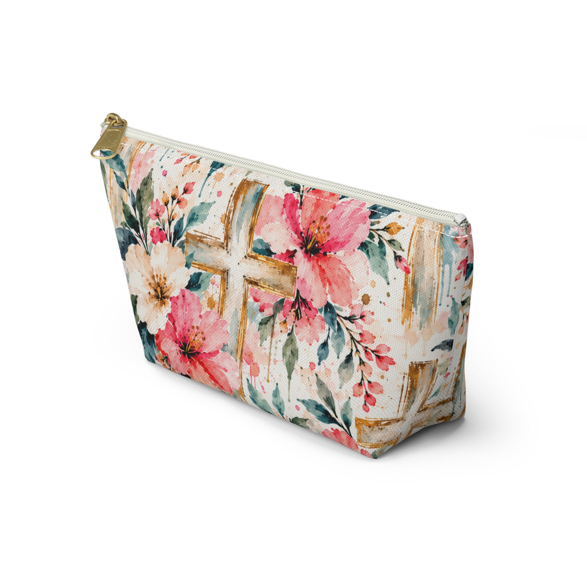 Watercolor Floral Cross Makeup Bag – Christian Cosmetic & Accessory Pouch | Small & Large