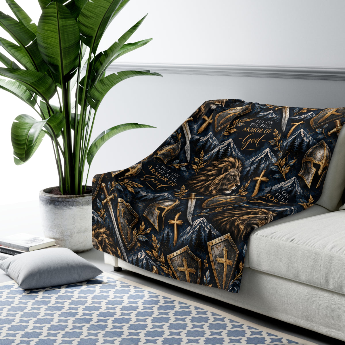 Armor of God Christian sherpa blanket featuring Ephesians 6:11, lions, medieval swords, shields, helmets, and gold crosses on a dark navy background.