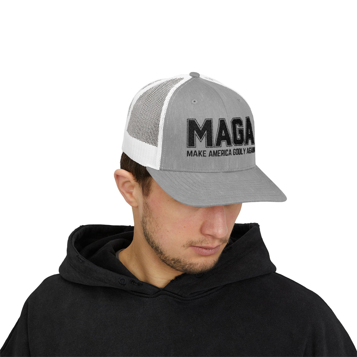 Make America GODLY Again Snapback Trucker Cap. Black Embroidered Hat