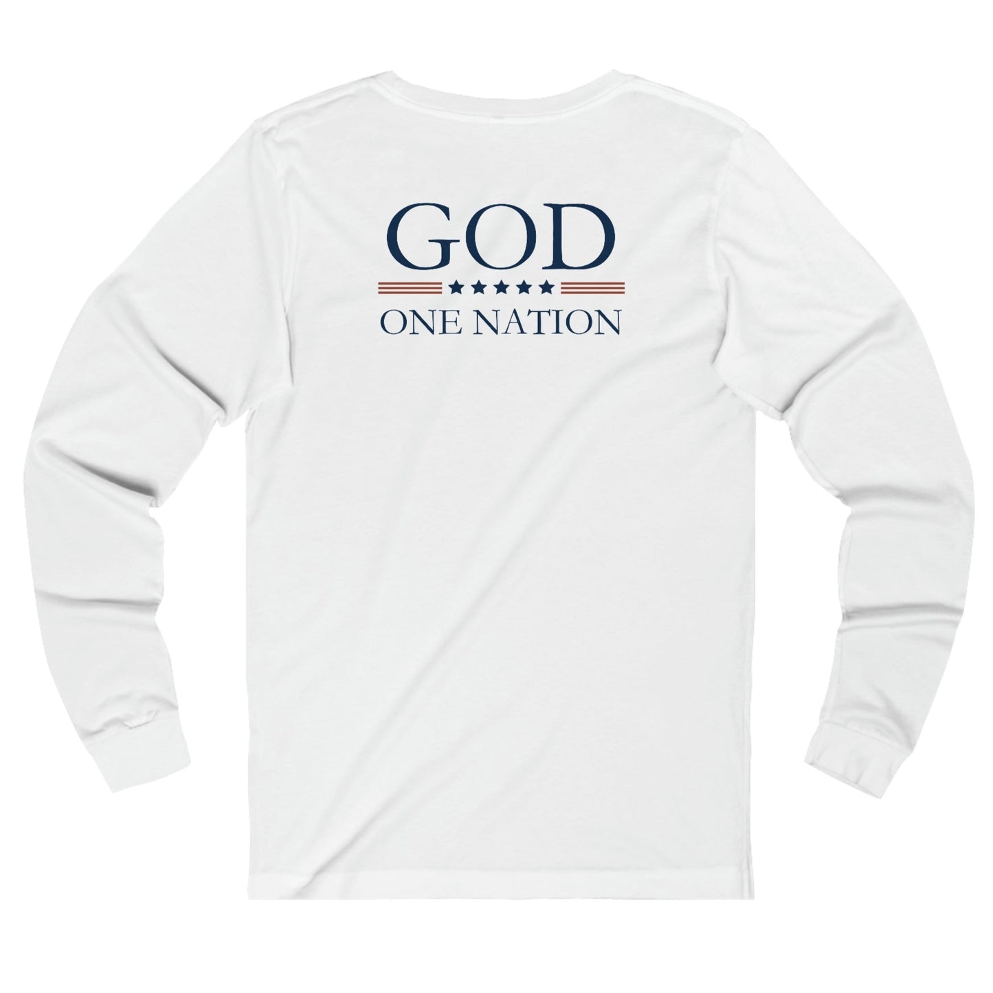 One Nation Under God, 1776 Patriotic long sleeve shirt for men and women. This Cataldo Creations tee has 1776 on the front chest pocket area and One Nation Under God on the back. Show your patriotism with this American Patriot long sleeve tee today!