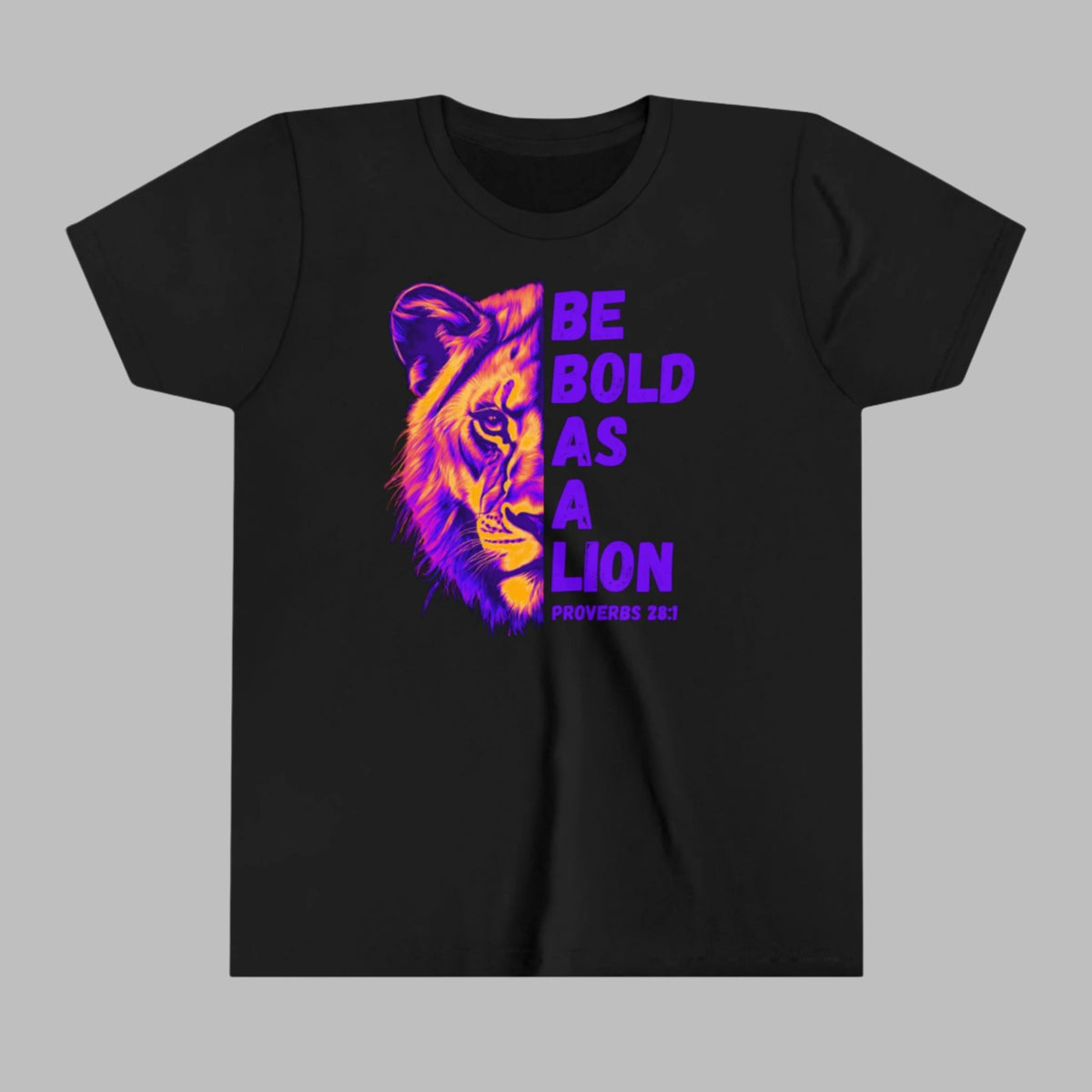 Kids Be Bold As A Lion Bible Verse Short Sleeve Tee. Purple Design