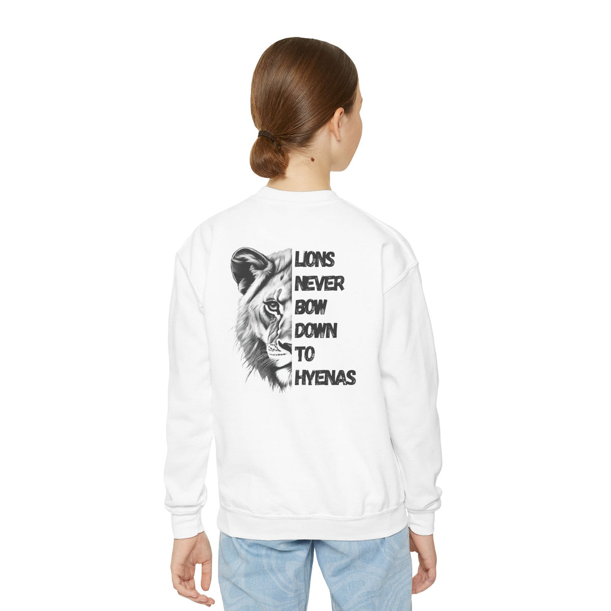 Kids Lions Never Bow Down To Hyenas Youth Crewneck Sweatshirt