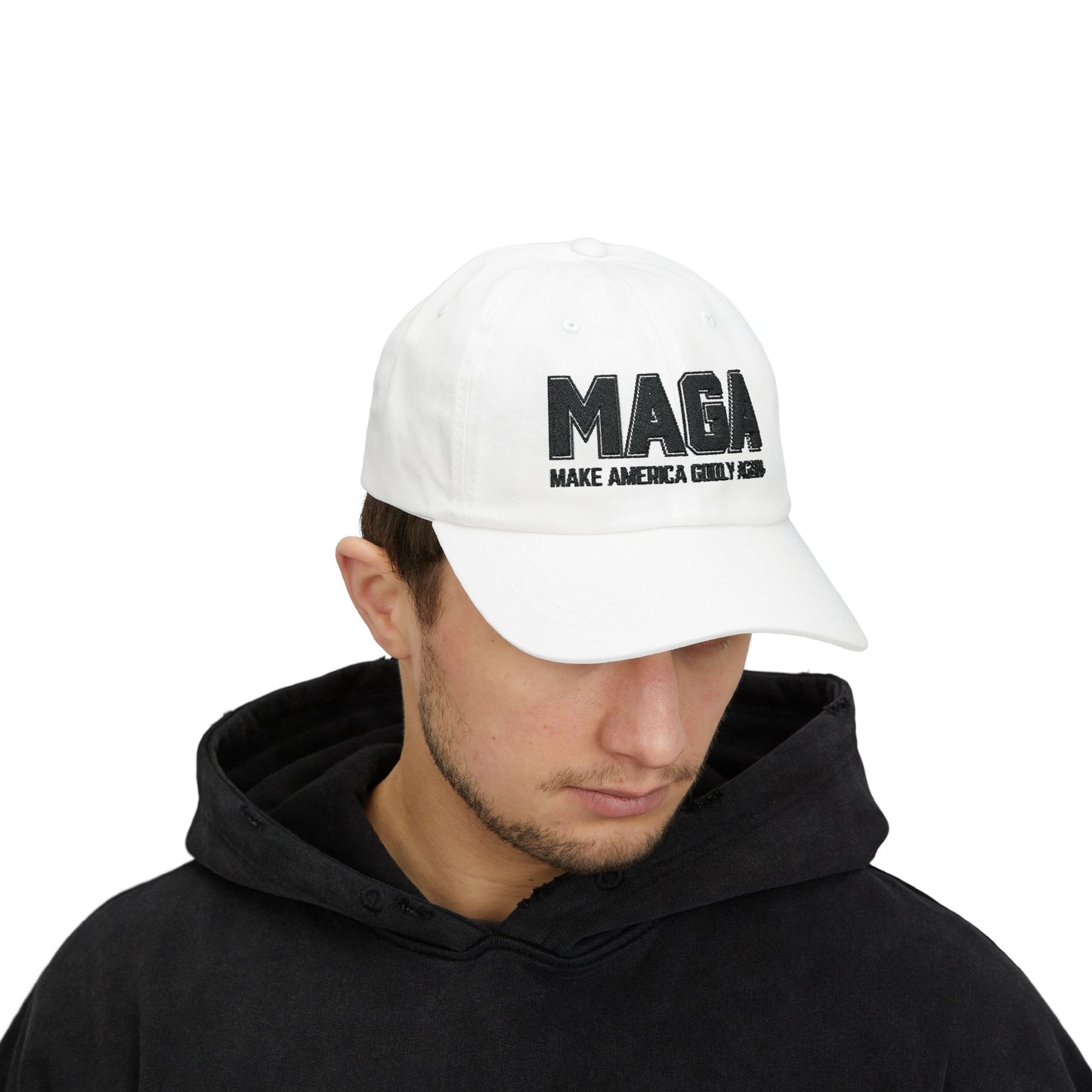 Make America Godly Again Classic Hat. Black Embroidered Design