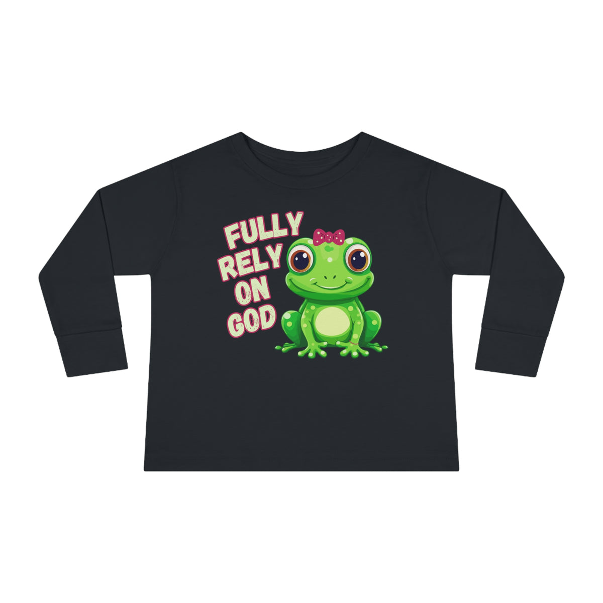 FROG. Fully Rely On God. This cute little girl toddler long sleeve t-shirt has an adorable green frog wearing a pink bow. Alongside are the words Fully Rely On God in light green and pink. Perfect for your toddler girl!