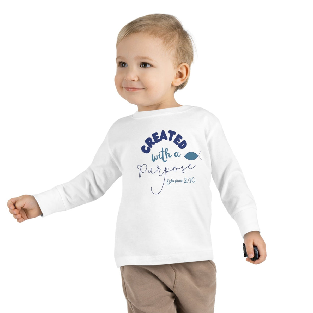 Christian Toddler Boy Created With A Purpose Christian Bible Verse Long Sleeve Tee. Jesus Fish tee