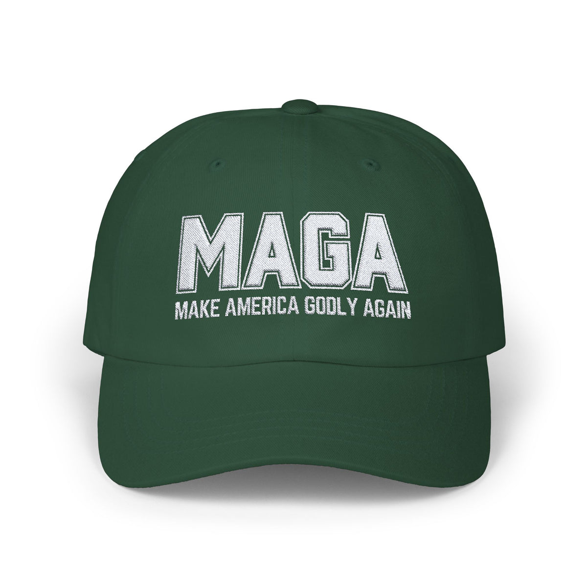 Make America Godly Again Classic Baseball Hat. White Embroidered Design