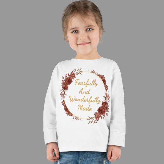 Toddler Fearfully And Wonderfully Made Long Sleeve Tee, Charming Kids Shirt, Baby Birthday Gift, Cute Toddler Floral Bible Verse Design Tee