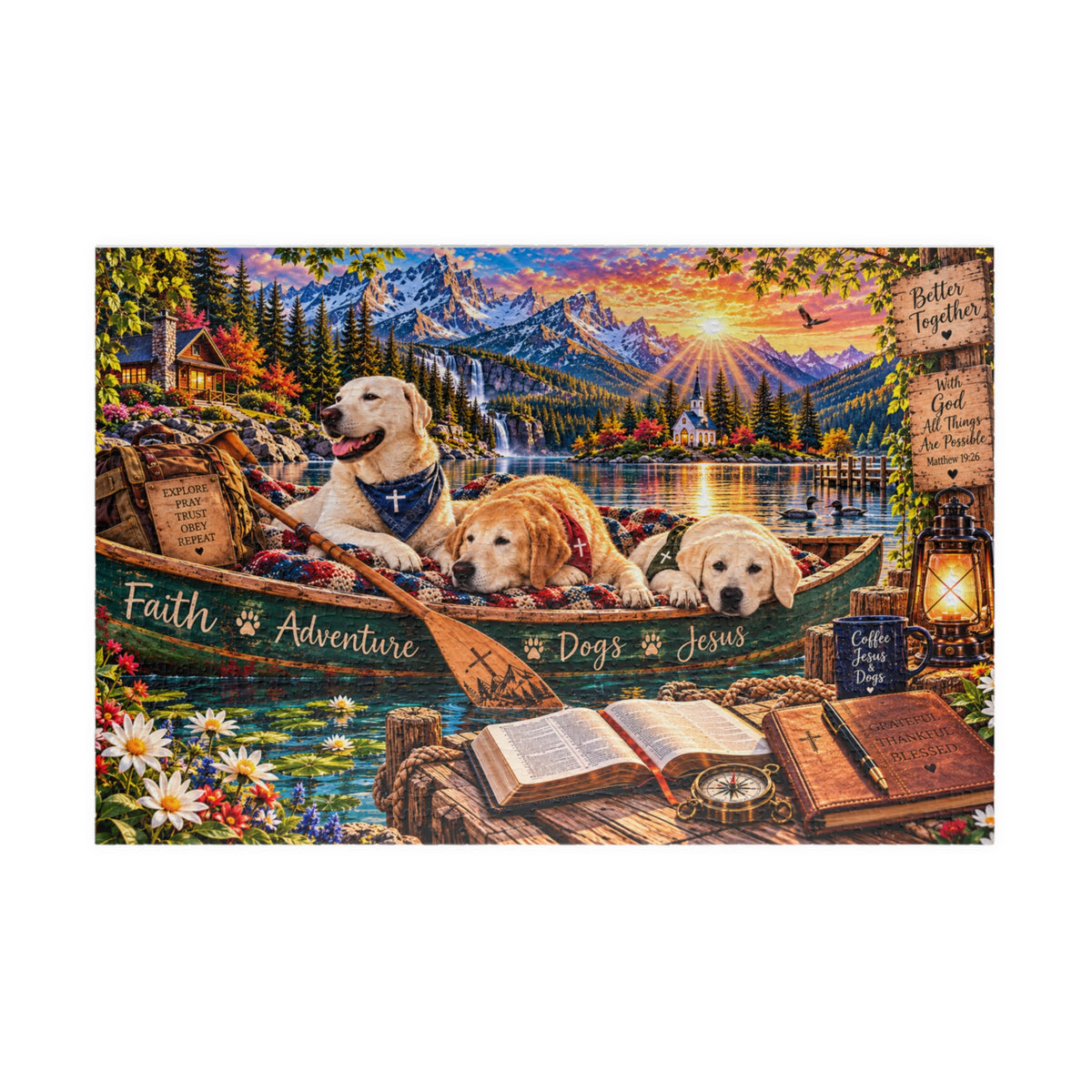 Christian Labrador Retriever jigsaw puzzle featuring three dogs in a canoe on a mountain lake at sunset, with a waterfall, chapel, Bible, and faith-inspired messages.
Copy alt text