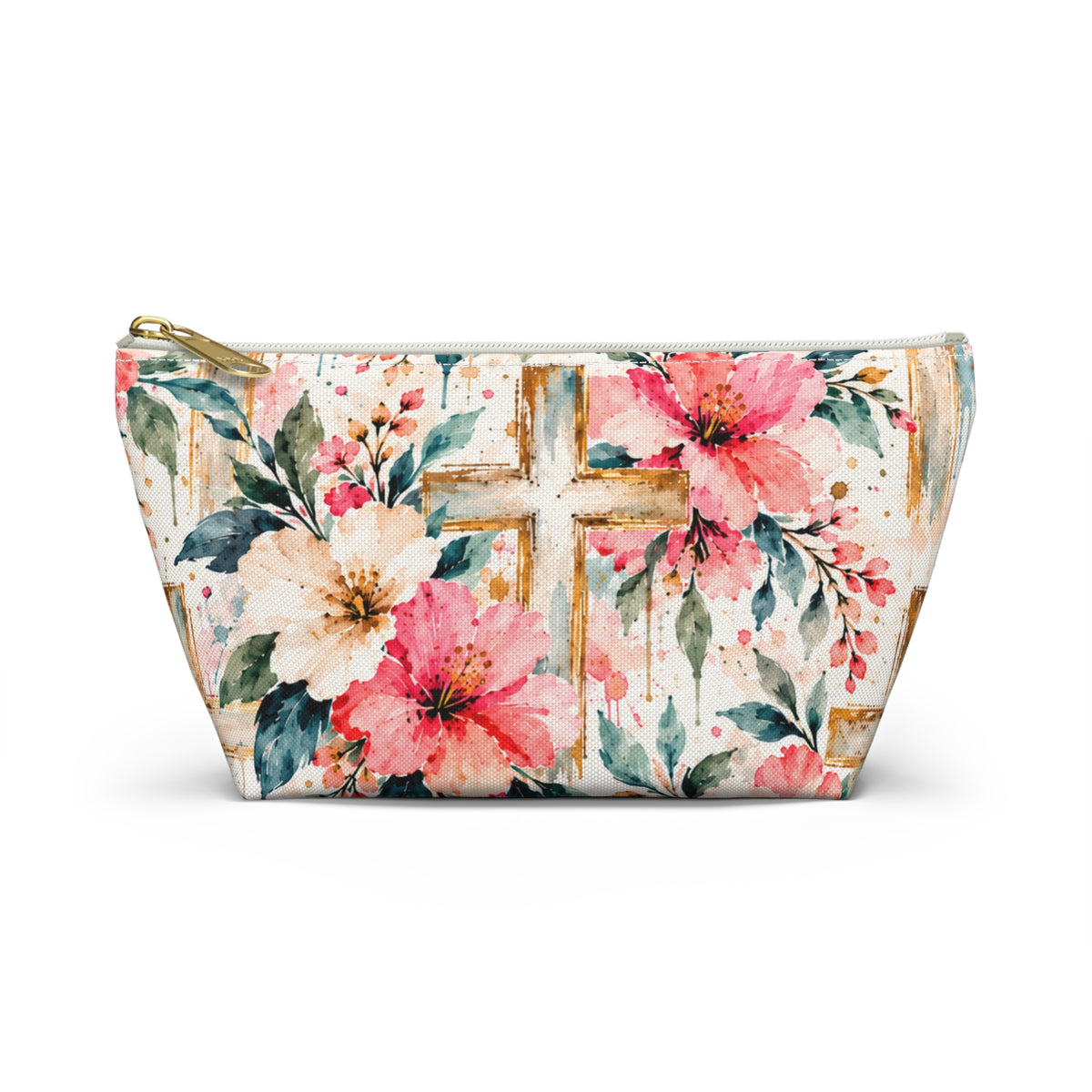 Watercolor Floral Cross Makeup Bag – Christian Cosmetic & Accessory Pouch | Small & Large