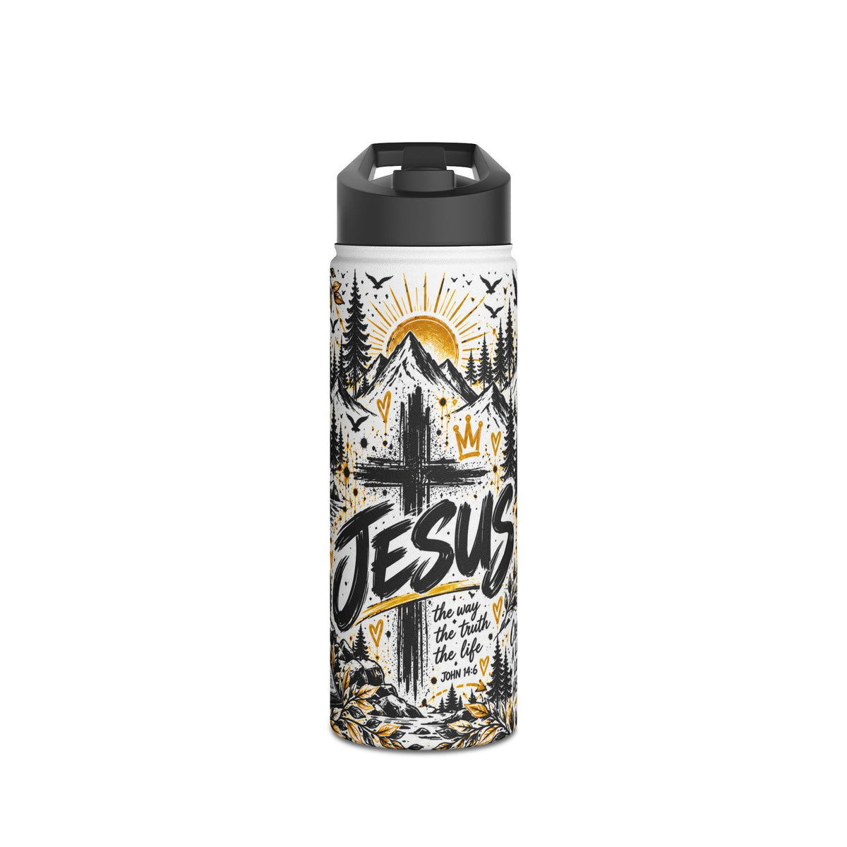 Jesus Christian insulated stainless steel water bottle with bold black, white and gold graffiti artwork, cross, mountains, pine trees and John 14:6 Scripture design.