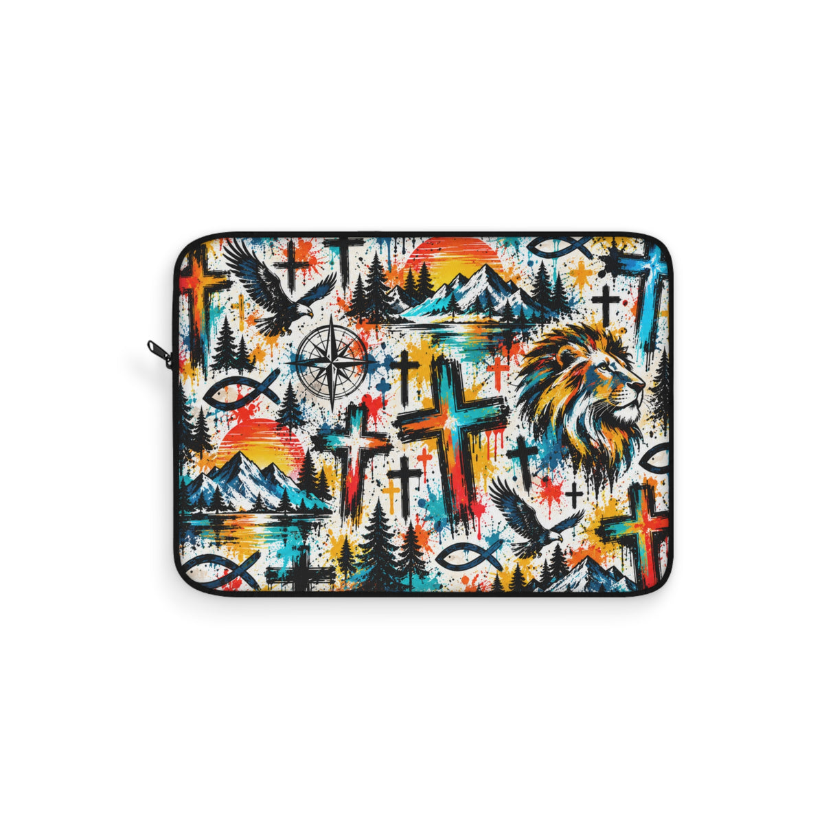 Colorful Christian graffiti laptop sleeve featuring a lion, crosses, eagles, mountains, and Christian fish symbols in vibrant blue, orange, yellow, and black.