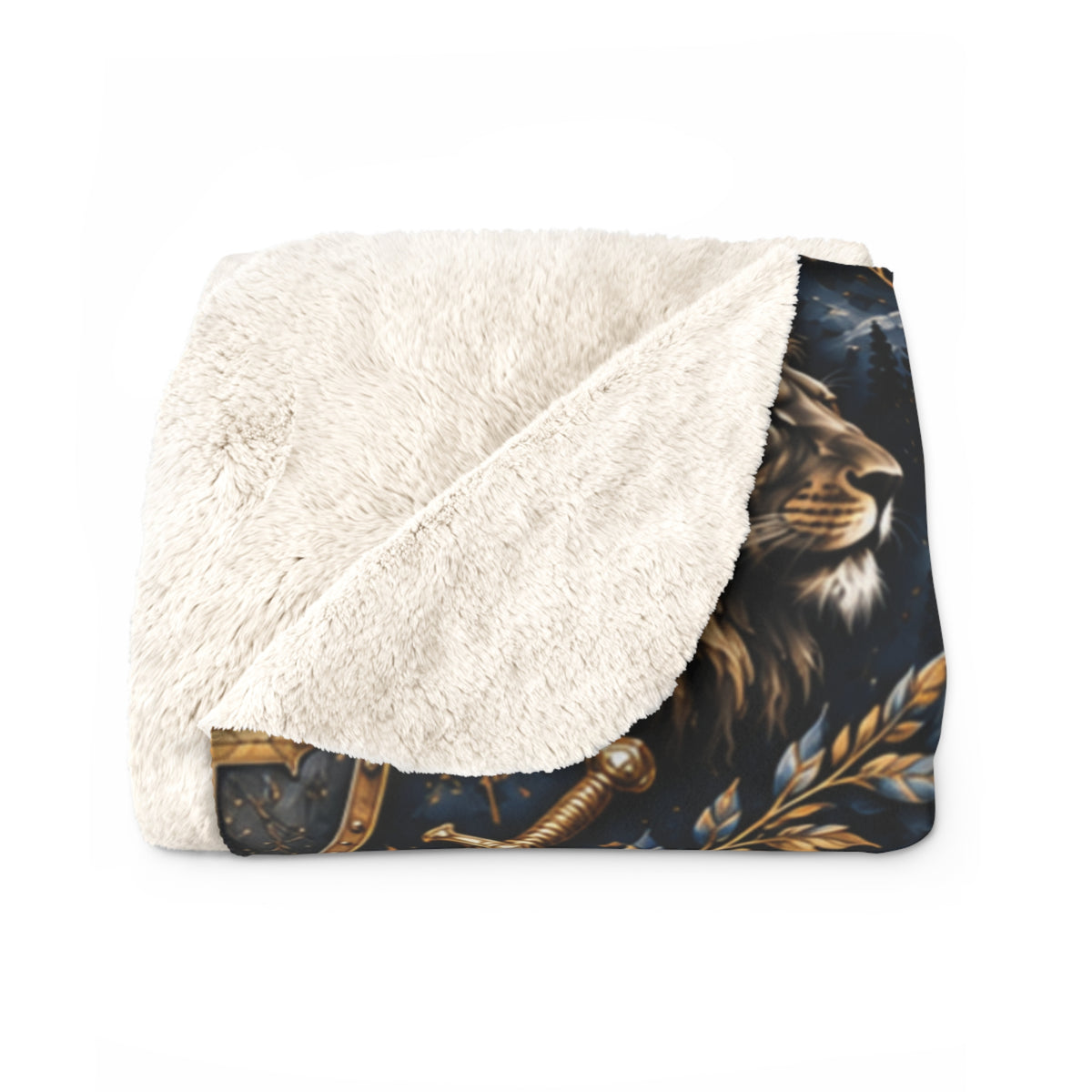 Armor of God Christian sherpa blanket featuring Ephesians 6:11, lions, medieval swords, shields, helmets, and gold crosses on a dark navy background.