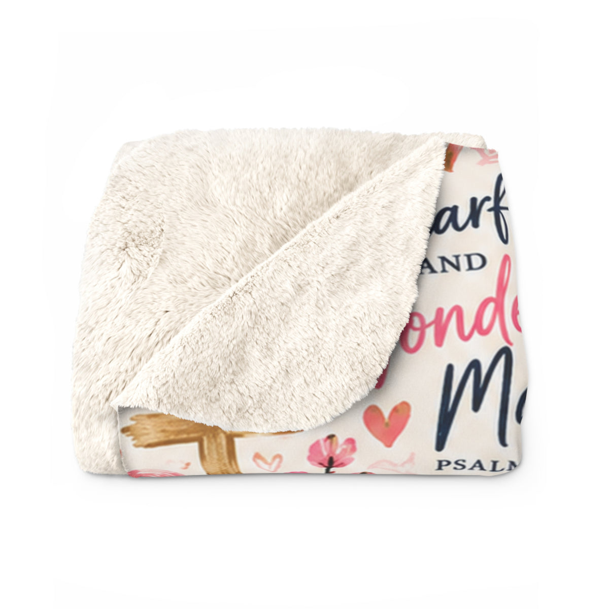 Fearfully and Wonderfully Made Christian sherpa blanket featuring Psalm 139:14, pink hearts, bows, gold crosses, and floral accents on a cream background.