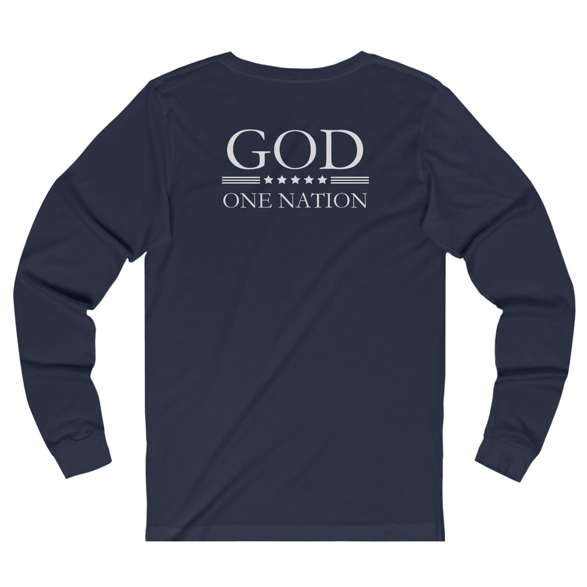 One Nation Under God, 1776 Patriotic long sleeve shirt for men and women. This Cataldo Creations tee has 1776 on the front chest pocket area and One Nation Under God on the back. Show your patriotism with this American Patriot long sleeve tee today!