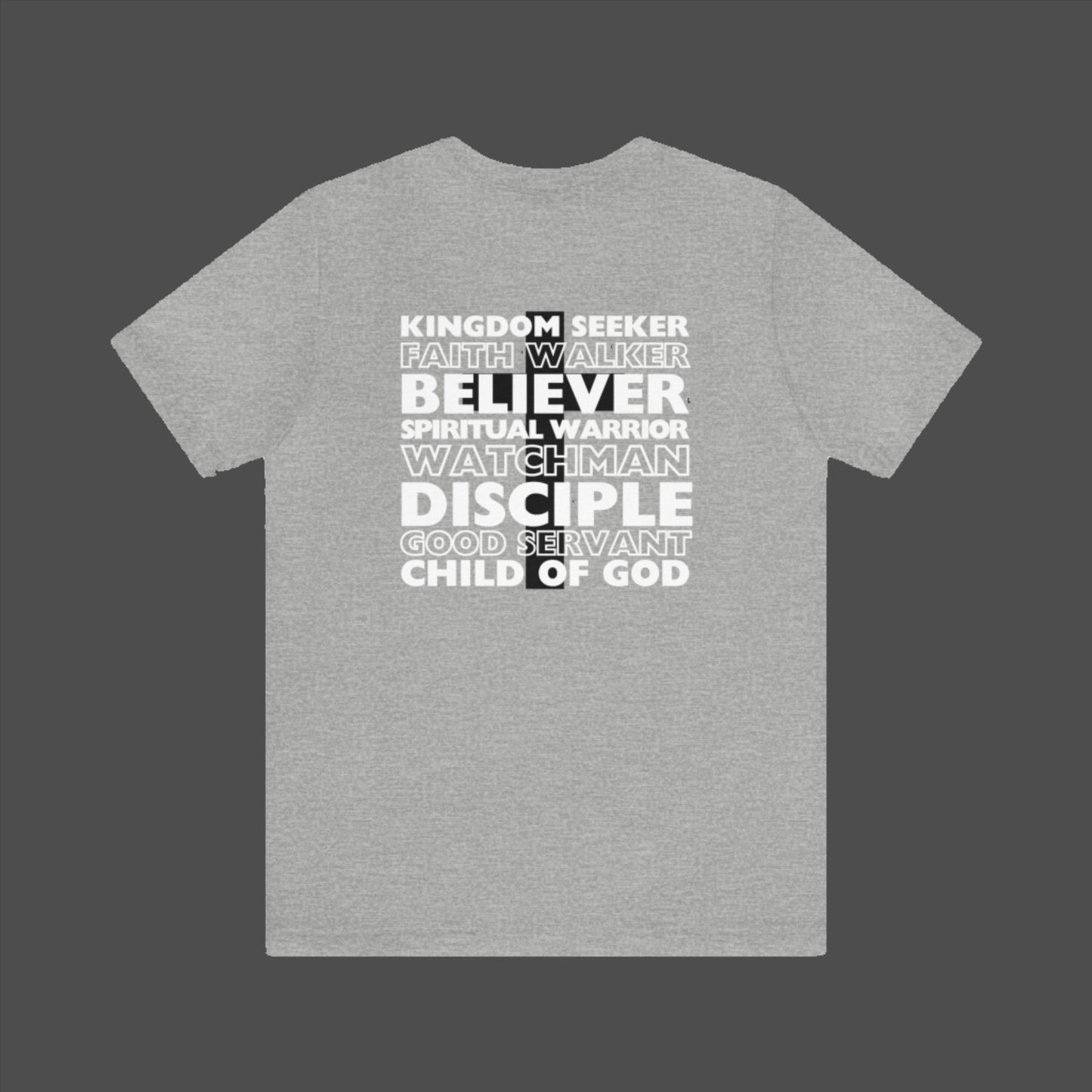 Kingdom Seeker, Faith Walker, Believer, Spiritual Warrior, Watchman, Disciple, Good Servant, Child Of God. This gorgeous Christian crew neck t-shirt has a large faith based design on the back with a cross behind the various names for Children of God. With a subtle cross design on the front, you can wear your faith boldly with this Cataldo Creations short sleeve tee!