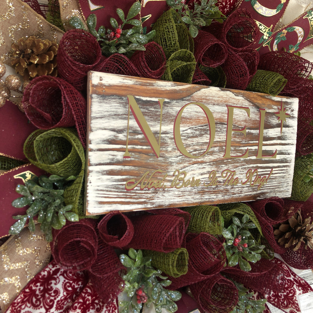 Burgundy Christmas Door Wreath. Noel, Born Is The King Wreath