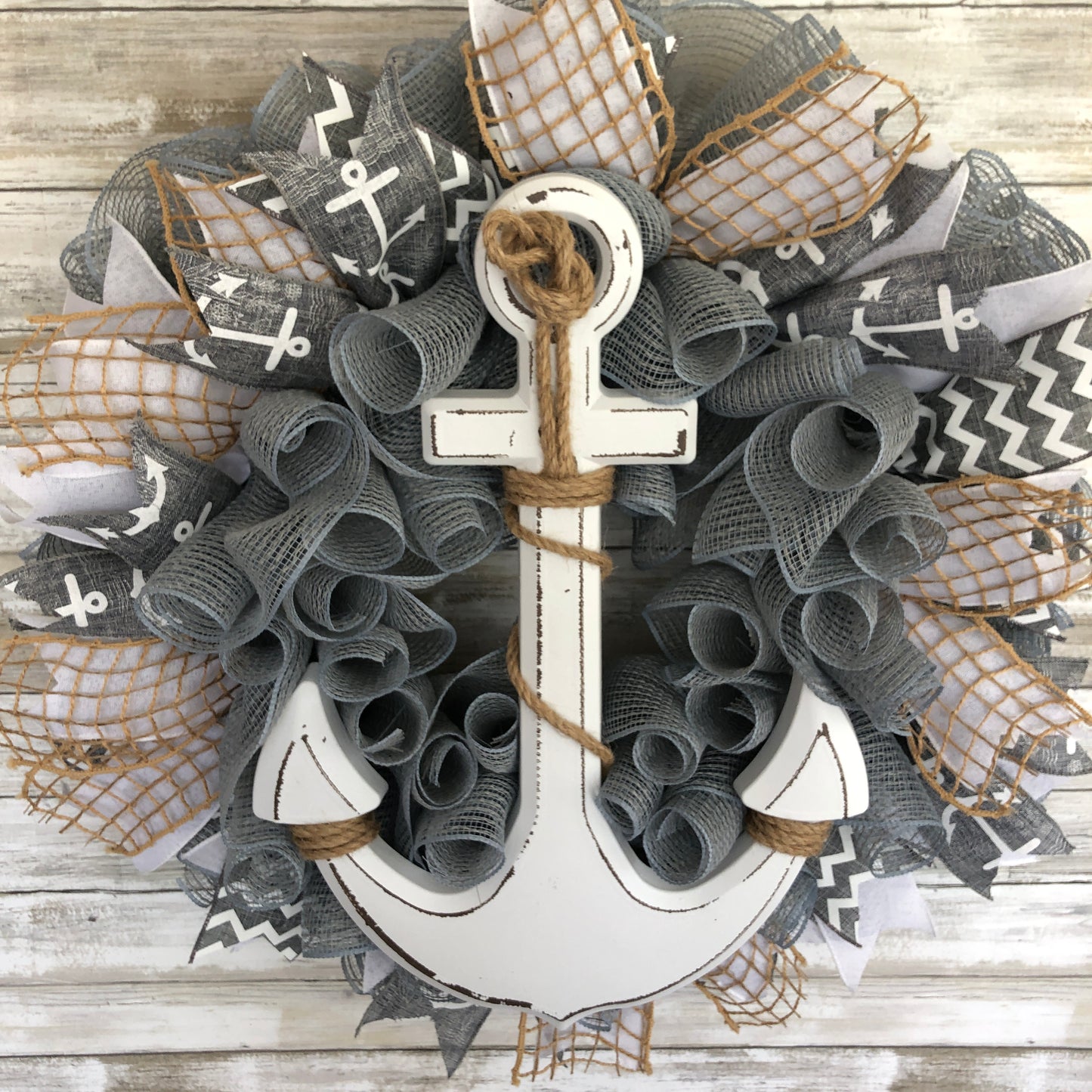 Nautical Anchor Door wreath. Anchors Away! This grey and white door wreath has a timeless and classy look for any home. Handmade Door Wreath. Made in the USA.