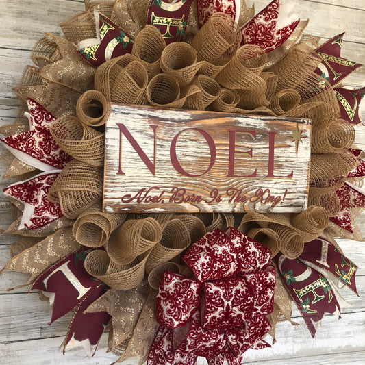 Christmas Door Wreath With Bow. Noel, Born Is The King Wreath