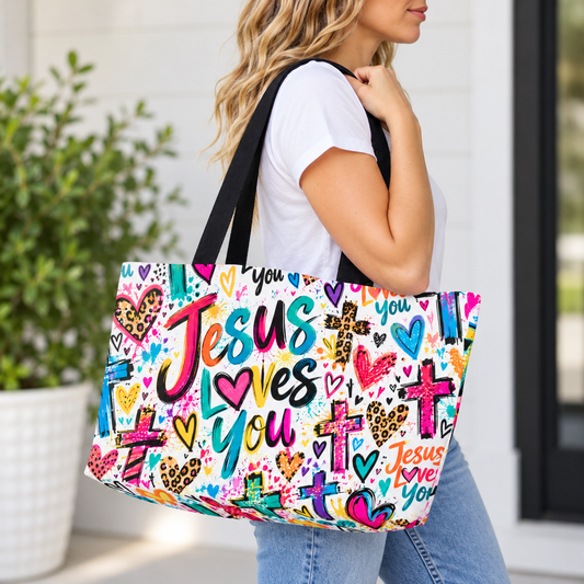 Jesus Loves You Christian Tote Bag | Colorful Faith-Inspired Beach Bag with Hearts & Crosses