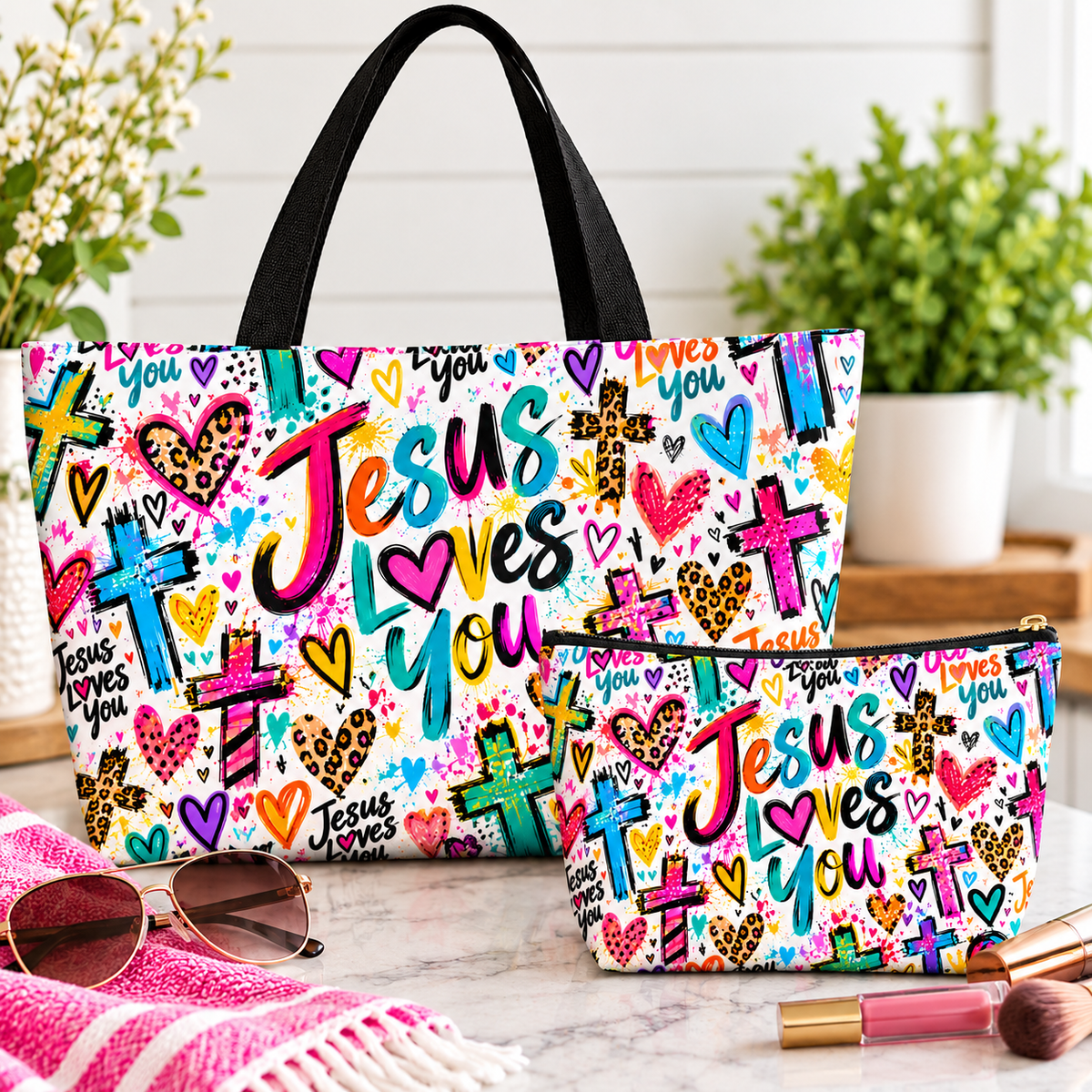 Jesus Loves You Makeup Bag – Colorful Christian Accessory Pouch | Small & Large