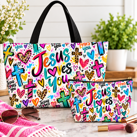 Jesus Loves You Makeup Bag – Colorful Christian Accessory Pouch | Small & Large