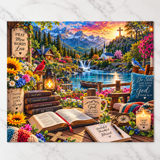 Christian Bible verse jigsaw puzzle featuring a mountain lake, waterfall, chapel, colorful flowers, open Bible, and Pray More Worry Less faith-inspired artwork.