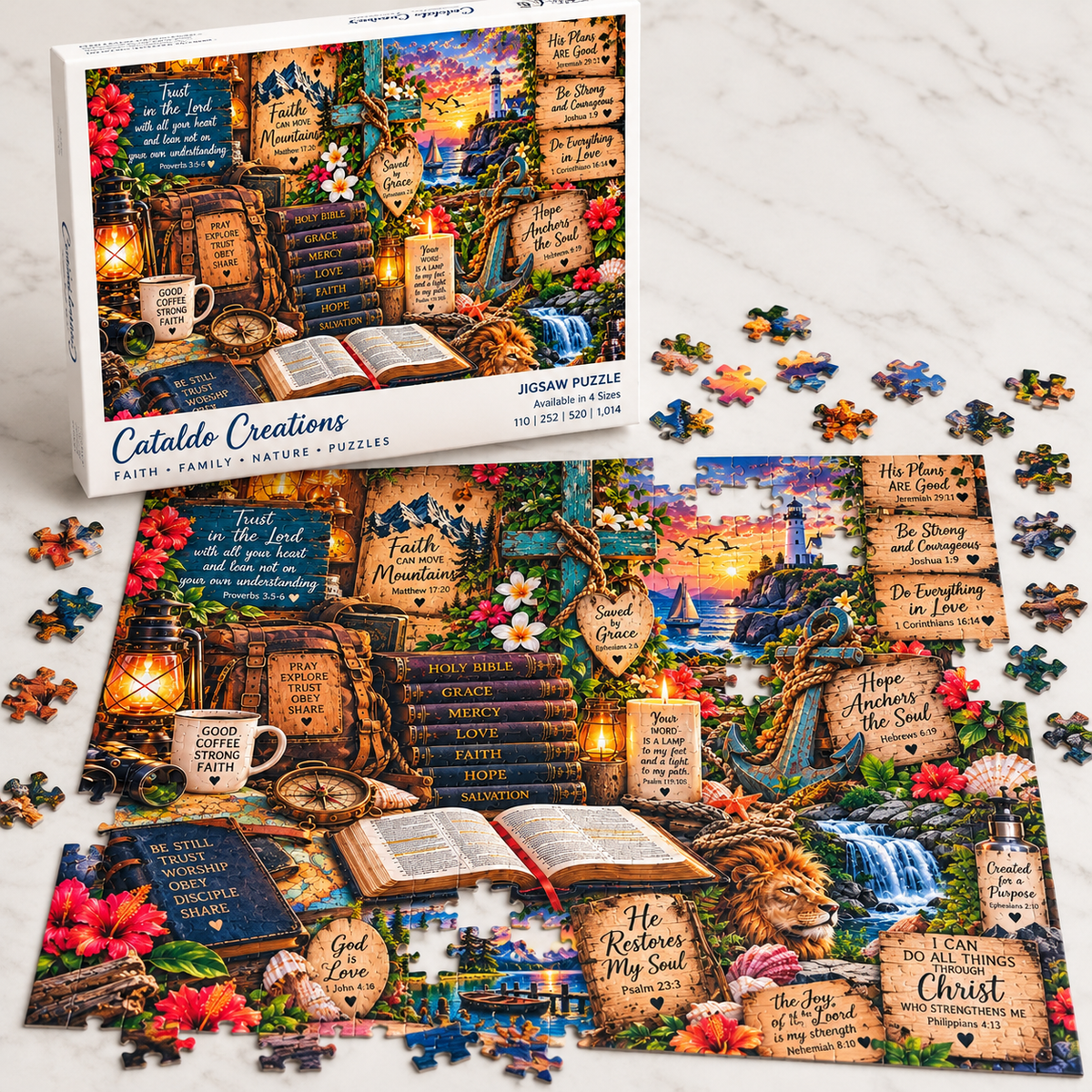 Christian Bible verse jigsaw puzzle featuring Scripture promises, an open Bible, wooden cross, lion, lighthouse, coastal sunset, mountain scenery, and faith-inspired artwork.