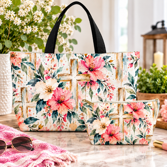 Watercolor Floral Cross Makeup Bag – Christian Cosmetic & Accessory Pouch | Small & Large