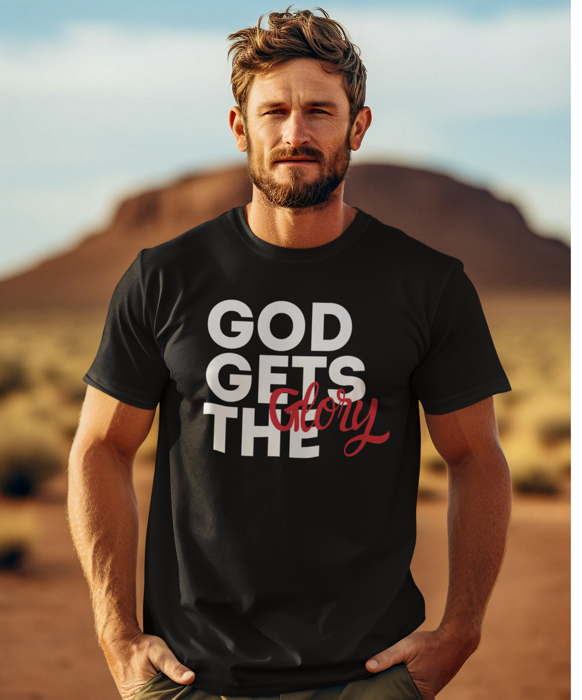 God Gets The Glory! This bold Christian t-shirt has a bold message and is available in many different colors. Grab this Cataldo Creations t-shirt for everyone in the family today!