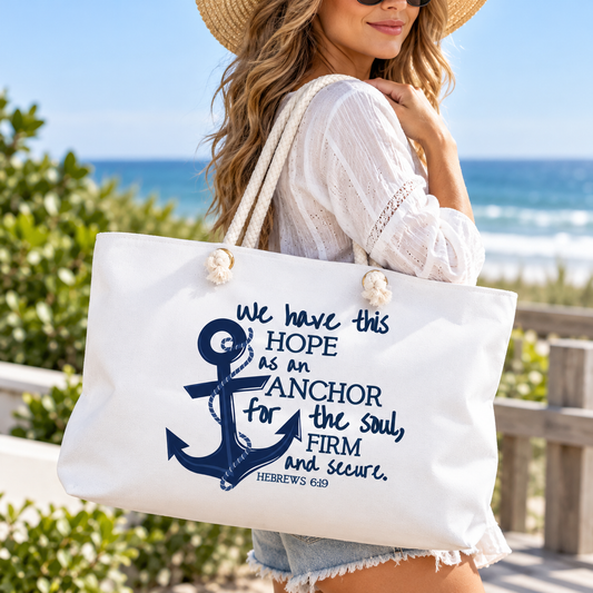 Hope as an Anchor Christian Tote Bag | Hebrews 6:19 Bible Verse Beach Bag | Large Double-Sided Faith Tote