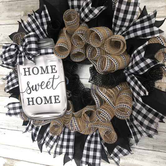 Home Sweet Home Buffalo Plaid Wreath. Handmade Door Wreath.
