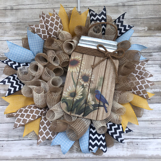 Sunny Sunflower Door Wreath. Handmade door wreath. Season summer wreath. Mason jar welcome wreath.