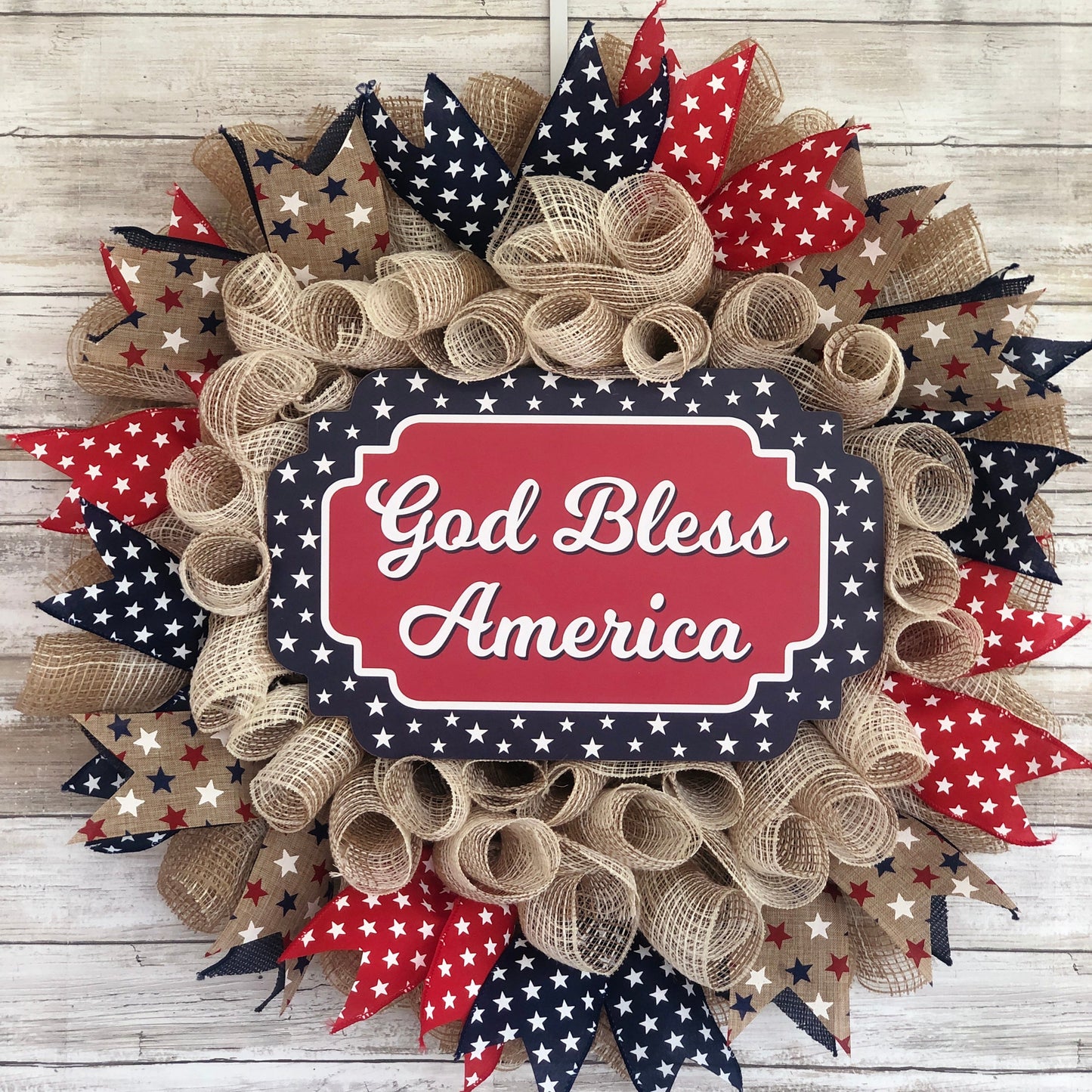 God Bless America Patriotic Door Wreath. Handmade red white and blue stars wreath.