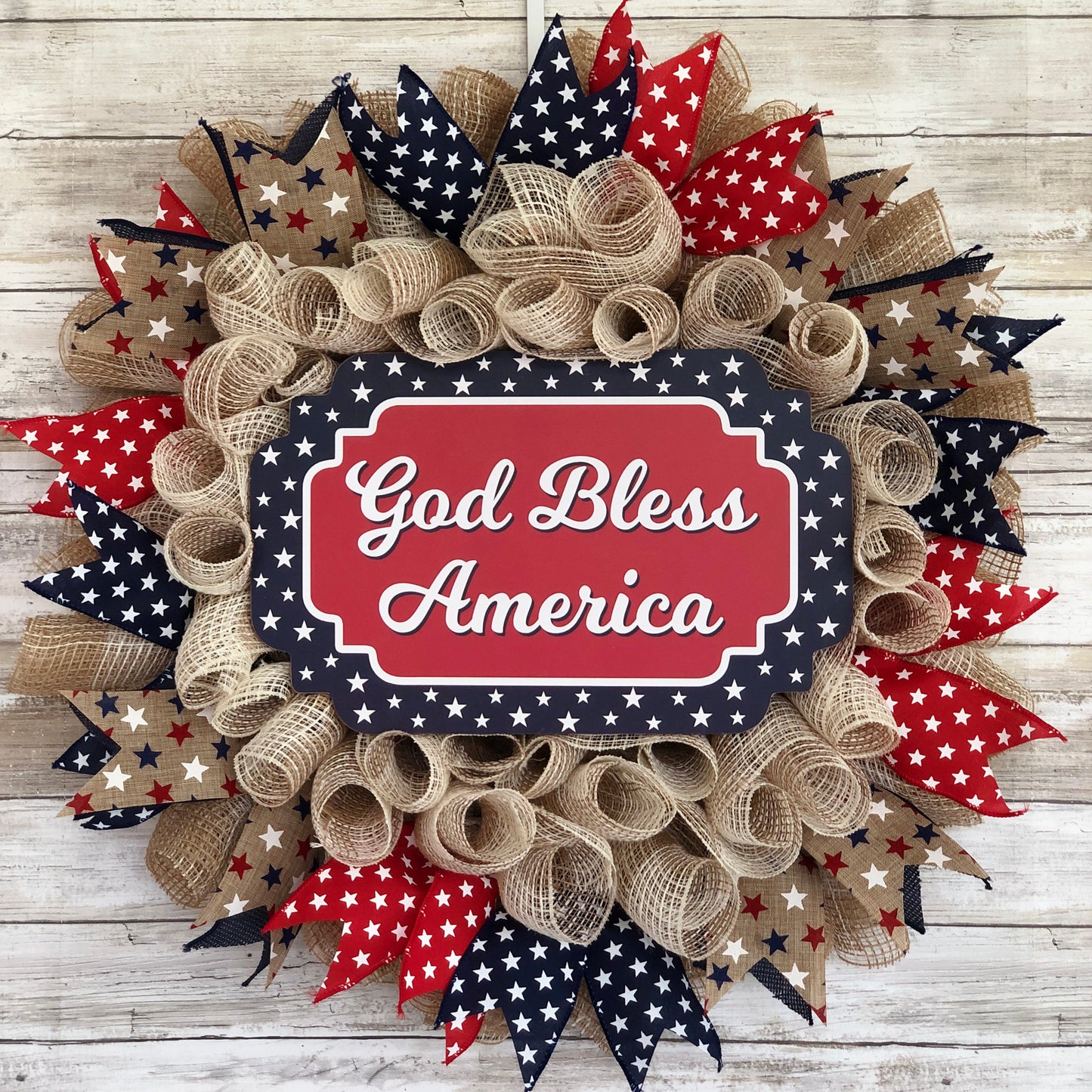 God Bless America Patriotic Door Wreath. Handmade red white and blue stars wreath.