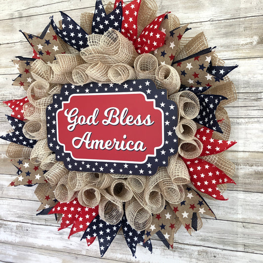 God Bless America Patriotic Door Wreath. Handmade red white and blue stars wreath.