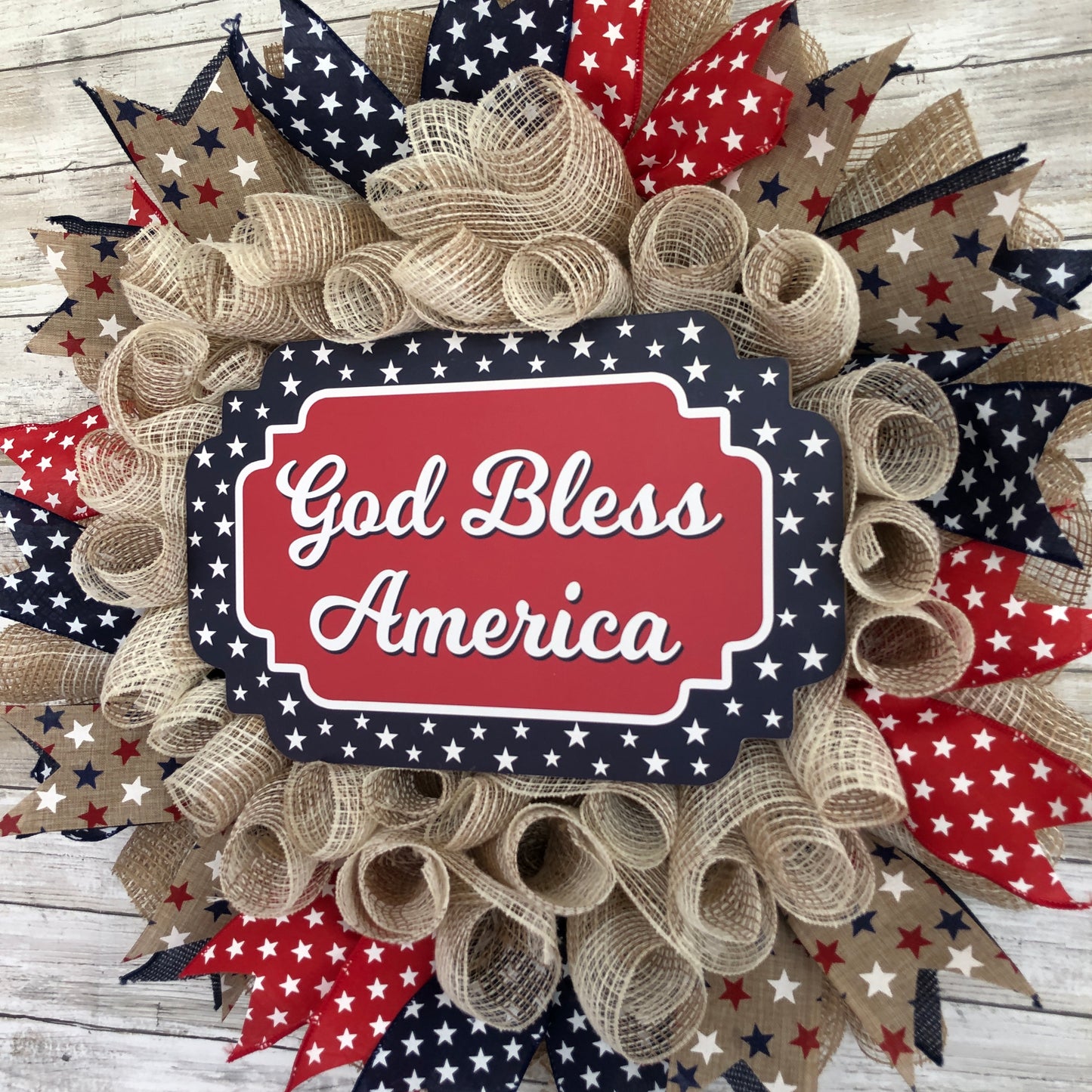 God Bless America Patriotic Door Wreath. Handmade red white and blue stars wreath.
