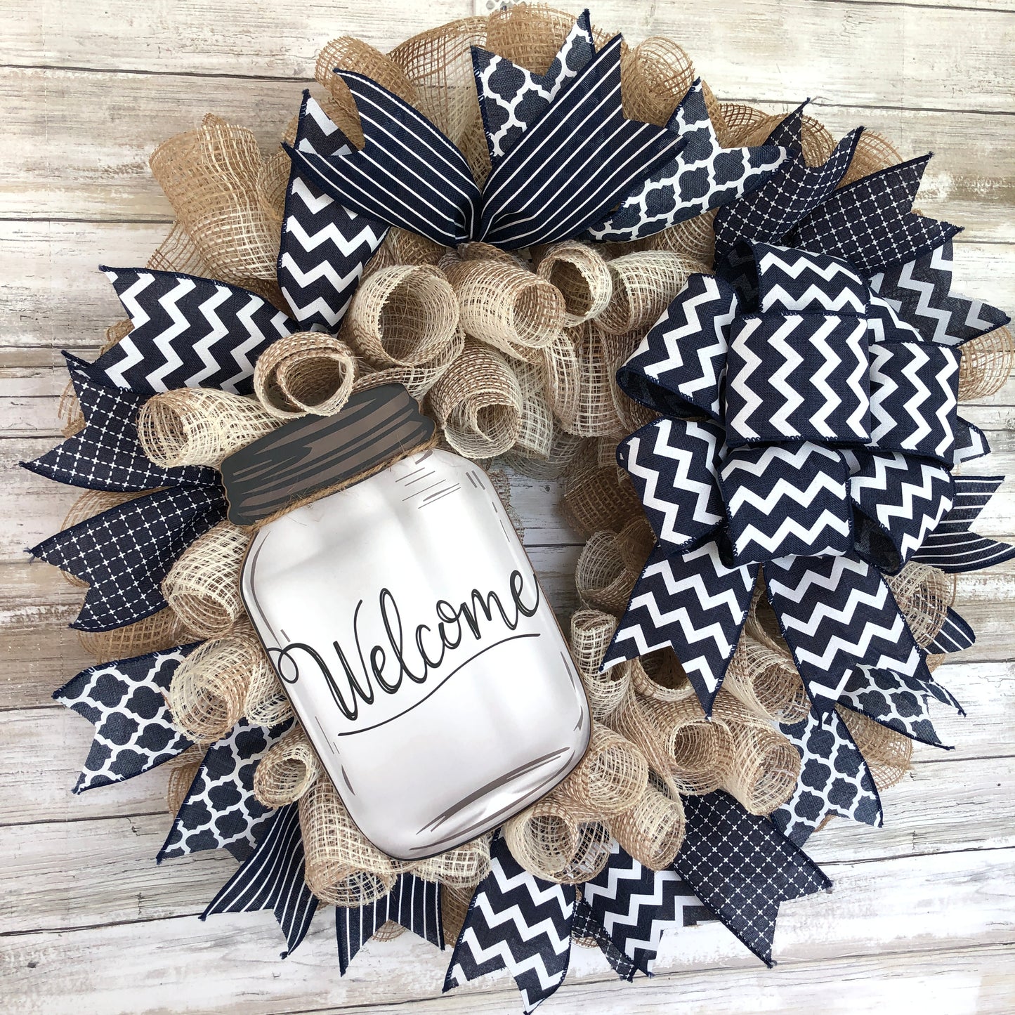 Farmhouse Welcome Door Wreath. Handmade welcome wreath. Navy blue rustic look. Mason jar welcome sign.