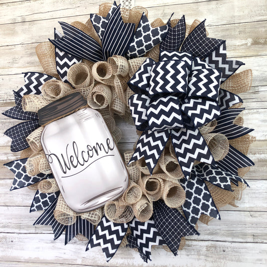 Farmhouse Welcome Door Wreath. Handmade welcome wreath. Navy blue rustic look. Mason jar welcome sign.
