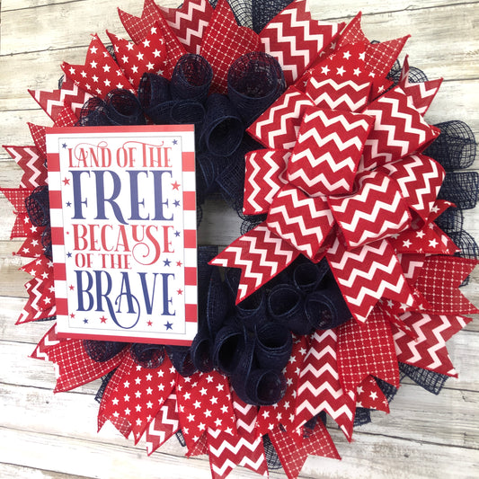 Land Of The Free, Because Of The Brave Handmade Door Wreath. Red And Navy Patriotic USA Freedom Wreath