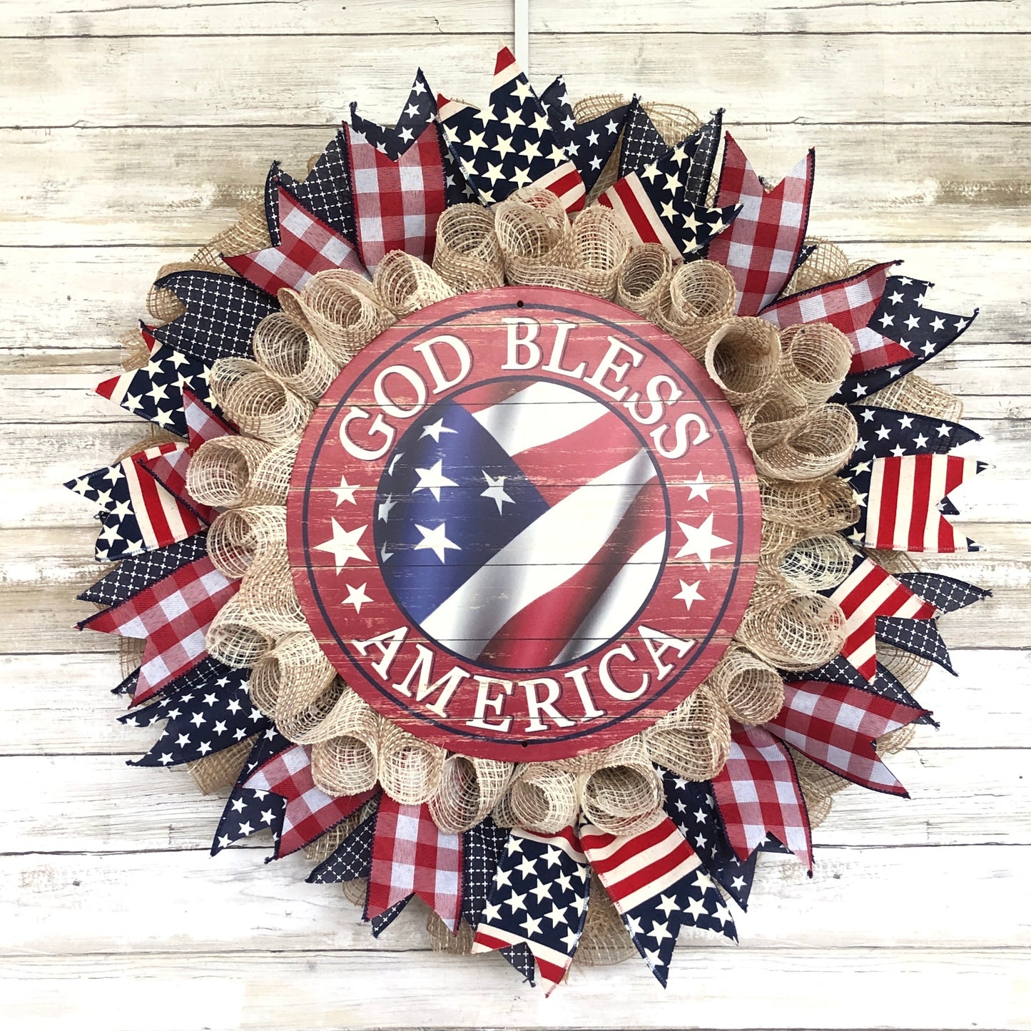 God Bless America Door Wreath. Red White And Blue Patriotic Handmade Wreath