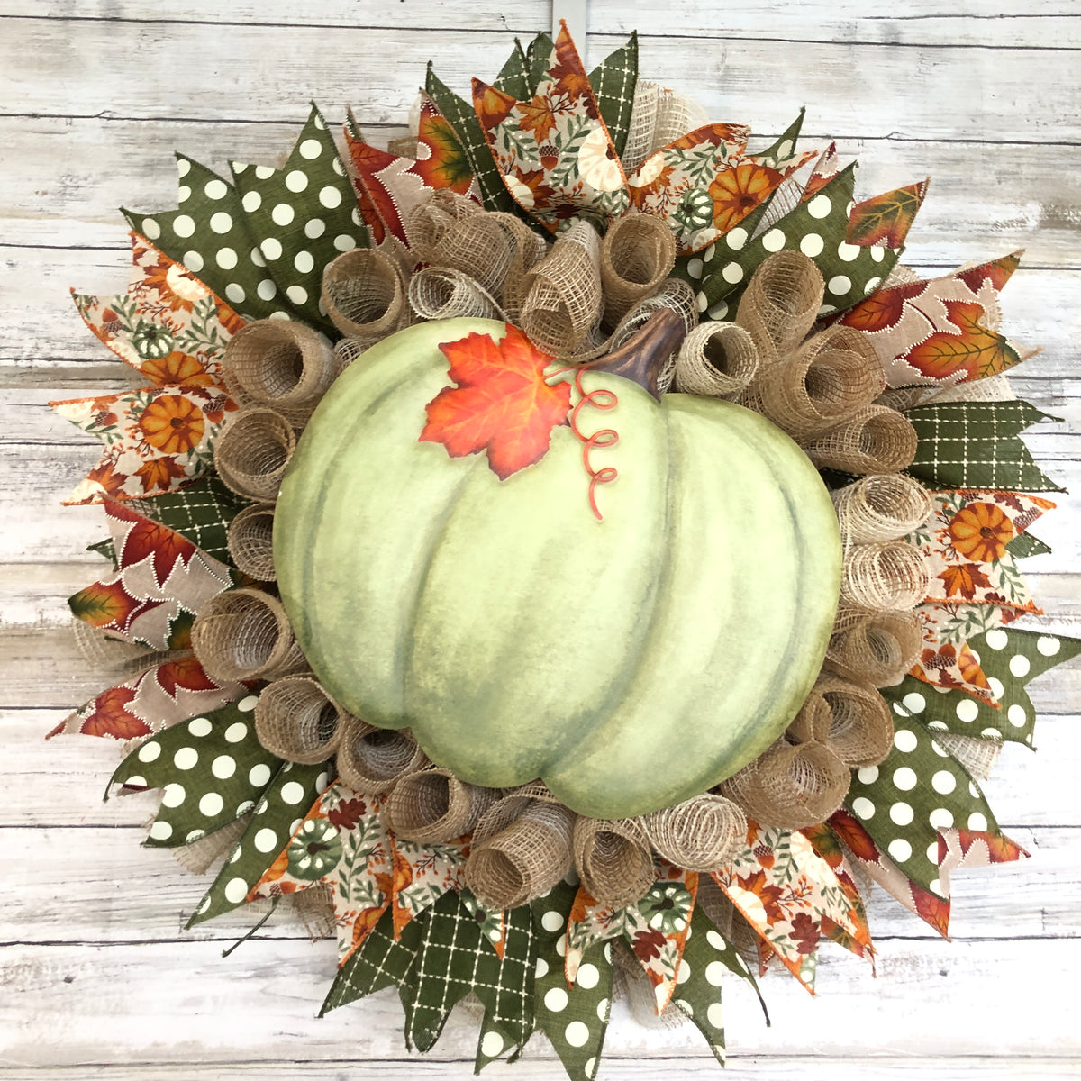 Handmade Sage Green Pumpkin Fall Wreath | Rustic Autumn Front Door Wreath